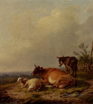 ユージン・ヨーゼフ・フェルベックホーフェン Painting - 牛 羊 ロバ オイゲン・フェルベックホーフェンの動物